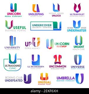 Corporate identity letter U business icons. Vector media and security, technology and advertising, hobby and science. Estate and shopping, health and Stock Vector