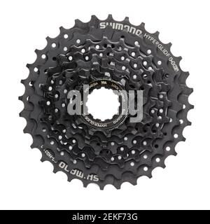 Krasnodar, Russia - February 12, 2021: New Black Shimano Bicycle Cassette Isolated on white Background Stock Photo