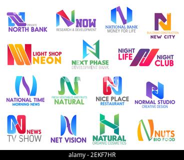 Corporate identity letter N business icons. Banking and science, finance, building and light, entertainment, news and food, design and television, Int Stock Vector