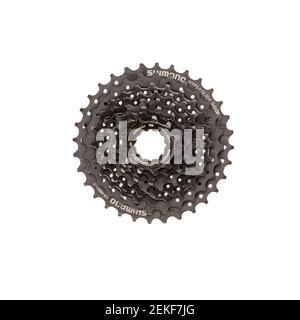 Krasnodar, Russia - February 12, 2021: New Shimano 8-speed Bicycle Cassette Isolated on white Background Stock Photo