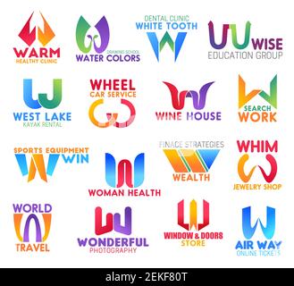 Corporate identity letter W business icons. Vector medicine and education, dentistry and sport, transport and drink. Science, health and finance, jewe Stock Vector
