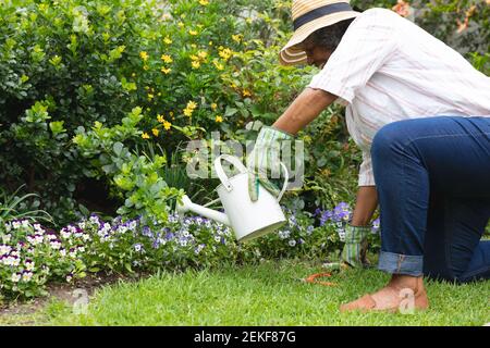 African american senior woman wearing gardening gloves smiling while watering plants in the garden Stock Photo