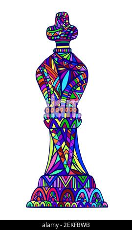 Bright King Chess Piece with decorative abstract patterns doodle style, isolated on white. Stylish card with King chess piece. Vector hand drawn illus Stock Vector