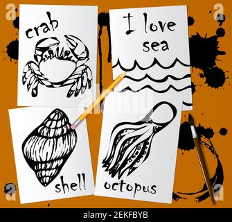 Graphic drawings of marine animals made with black mascara on white paper. Pencil, brush and blots of ink on the table. Drawing and creativity on the Stock Vector
