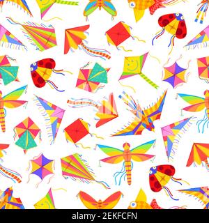 Cartoon kites seamless pattern. Vector background of flying color paper kites in ladybug and bird, butterfly and dragonfly, square origami fish shapes Stock Vector