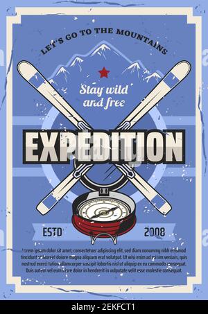 Winter mountain expedition, extreme travel trips adventure vintage poster. Vector mountaineering and outdoor hiking camp club tourism, snow mountain p Stock Vector