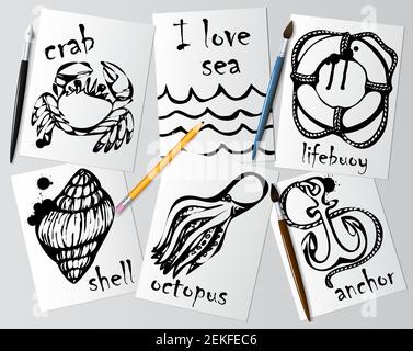Graphic drawings of marine animals made with black mascara on white paper. Pencil, brush and pen on the table. Drawing and creativity on the sea theme Stock Vector