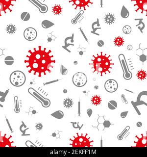 Seamless vector pattern on the theme of covid-19. symbols and signs of cell virus and health medicine. Vector illustration Stock Vector