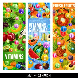 Exotic fruits and vitamins, organic tropical fruit minerals. Vector healthy multivitamins in watermelon, papaya and banana, pandanus or pear and orang Stock Vector