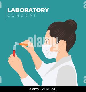 Young concentrated female scientist in protective mask dropping a red liquid substance into test tube isolated on background. Chemist on side view Stock Vector