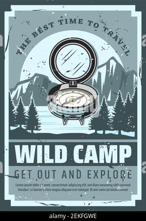 Mountain camping adventure and wild nature travel trips vintage poster. Vector tourist compass, scout expedition and extreme wilderness exploration te Stock Vector