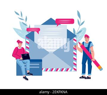 Mailing services concept with tiny people next to huge letter in post envelope. Online marketing and communication, electronic mail message, cartoon v Stock Vector