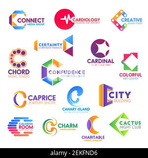 Corporate identity letter C business icons. Vector media and medicine, design and finance, music and banking, brokerage and art. Jewelry and recreatio Stock Vector