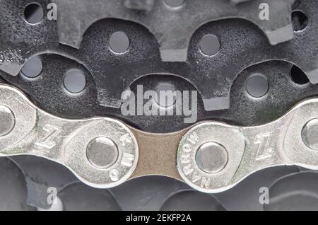 Krasnodar, Russia - February 12, 2021: Bicycle cassette with M-Wave chain close-up Stock Photo