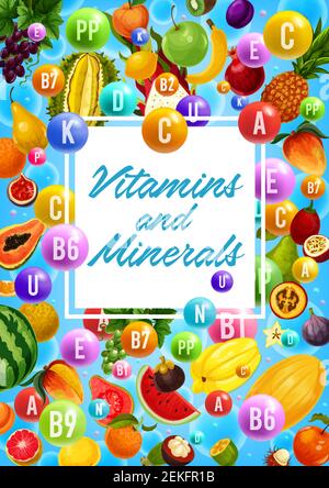Vitamins and minerals in organic healthy fruits. Vector multivitamin complex in grape, pomegranate and orange citrus, tropical papaya and guava or pin Stock Vector