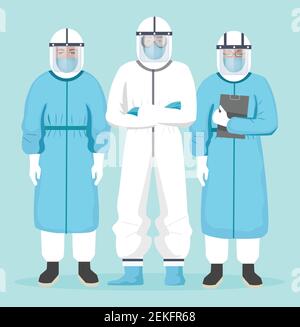 Medical team in hazard suit vector illustration. Doctors in protective suit. Doctor wearing protective suit face shield, gloves to fight COVID-19 pand Stock Vector