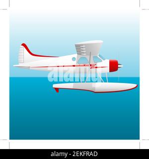 White seaplane. Hydroplane in the sky over the sea. Vector Image. Stock Vector