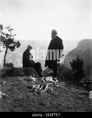 Scottish American naturalist,John Muir (1838-1914) and fellow American naturalist, John Burroughs (1837-1921) at the Grand Canyon, Arizona, USA in 1909. Photograph by Carl Everton Moon Stock Photo