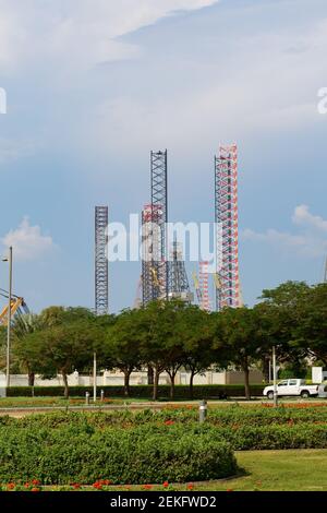 Oil drilling site at the Jumeirah shore, Dubai, UAE Stock Photo