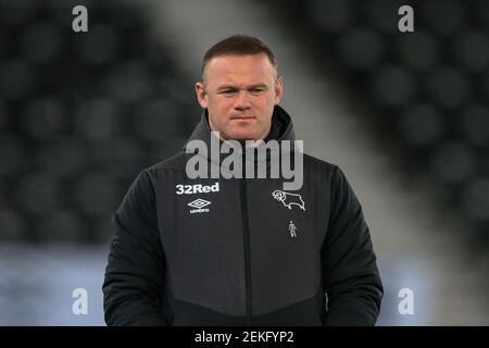 Derby, UK. 23rd Feb, 2021. Wayne Rooney manager of Derby County during the pre-game warmup in Derby, UK on 2/23/2021. (Photo by Mark Cosgrove/News Images/Sipa USA) Credit: Sipa USA/Alamy Live News Stock Photo