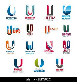 Letter U icons set, modern business company, technology and industry. Vector U trend symbols of university or school, umbrella or agency and dance fes Stock Vector