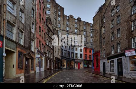 West Bow leading to Victoria Street in Edinburgh's Old Town is full of independent retailers who have all been closed under Covid 19 lockdown rules Stock Photo