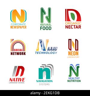 N letter icons for business. Newspaper and natural food, organic nectar and social network, nano technology and neon laboratory. Native language schoo Stock Vector