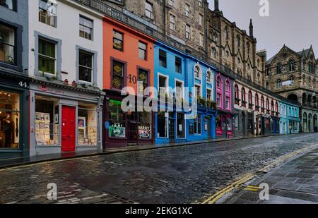 West Bow leading to Victoria Street in Edinburgh's Old Town is full of independent retailers who have all been closed under Covid 19 lockdown rules Stock Photo