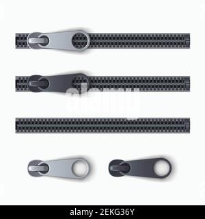 realistic zipper set isolated on white back Stock Vector