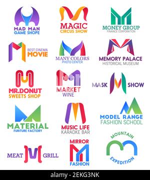 Corporate identity letter M business icons. Vector gaming and entertainment, finance and photography, culture and food, drink and furniture. Productio Stock Vector