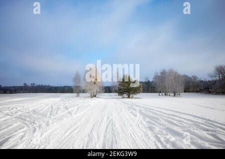 Winter landscape with country road covered with snow. Stock Photo
