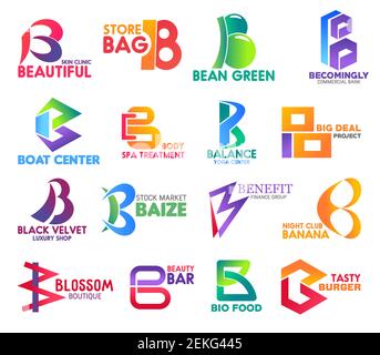 Corporate identity letter B business icons. Vector medicine and shopping, ecology and banking, travel and reacreation. Sport and stock, finance and en Stock Vector
