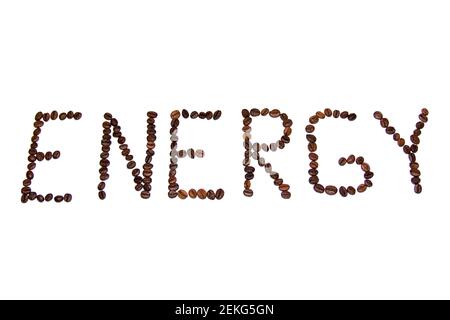 The inscription Energy coffee made from coffee beans on a white background. Stock Photo