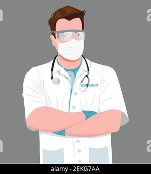 Confident Male Doctor illustration vector. Professional male doctor wears medical uniform with stethoscope, surgical mask, medical protective glasses Stock Vector