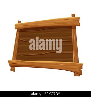 Wood frame in cartoon style, empty banner, cracked menu template isolated on white background stock vector illustration. Ui asset design, textured, de Stock Vector
