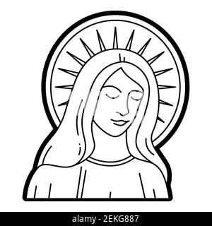Virgin Mary statue vector catholic illustration, religious line drawing of Our Lady of grace head and chest Stock Vector