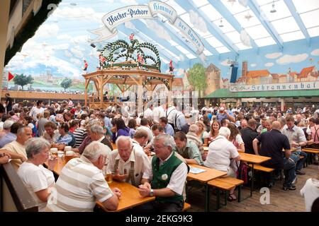 Revelers celebrate Octoberfest (Oktoberfest) inside the Hacker-Pschorr  tent on Theresienwiese. Stock Photo