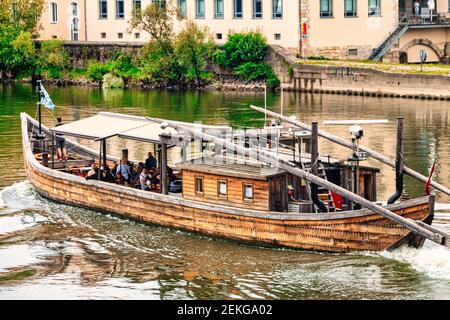 Excursion boat  River Danube, Regensburg, best preserved medieval city in Germany  Bavaria,  Germany Stock Photo