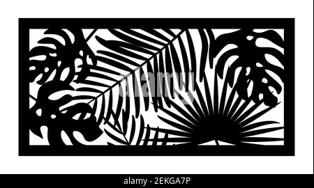 Cnc pattern with palm leaves. Decorative panel, screen,wall. Vector jungle leaves, exotic monstera cnc panel for laser cutting. Template for interior Stock Vector