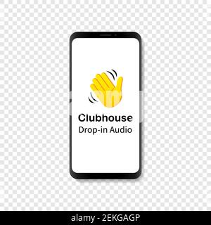 Smartphone with Clubhouse invite icon on display. Hand symbol for invite in Clubhouse social network Vector EPS 10 Stock Vector