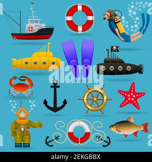 Marine set of objects and characters. Marine animals, water transport, equipment and people under water. Vector . Stock Vector