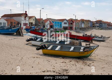 Fishermen vilage of Vila Cha with fishing boats on the beaches and fishermen houses in Portugal Stock Photo