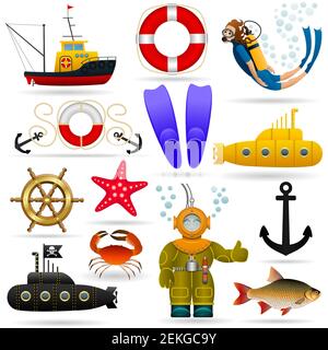 Marine set of objects and characters. Marine animals, water transport, equipment and people under water. Vector . Stock Vector