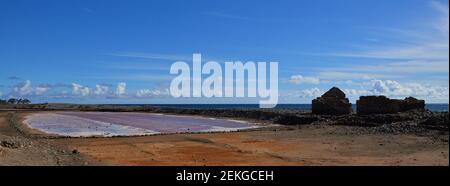 Old abandoned salt flats and blue sky, Salinas de Abajo, Juncalillo del sur,Gran Canaria, Spain Stock Photo