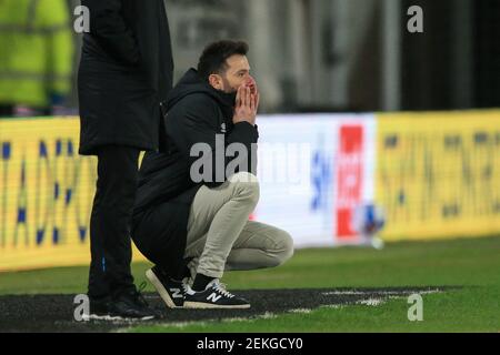 Derby, UK. 23rd Feb, 2021. Carlos Corberán manager of Huddersfield Town gives his team instructions in Derby, UK on 2/23/2021. (Photo by Mark Cosgrove/News Images/Sipa USA) Credit: Sipa USA/Alamy Live News Stock Photo