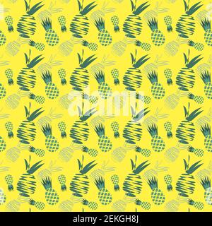 Seamless pattern with abstract composition of pineapples drawing in minimal outline style on a yellow background Stock Vector