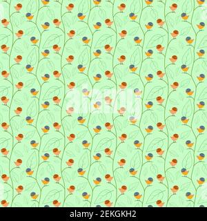 Seamless pattern with abstract birds on the branches on a square light green background Stock Vector