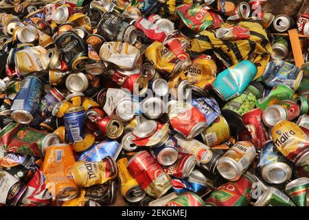 Calabar, capital of Cross River state, Nigeria. 23rd February 2021. Recycled cans at a trash dump site. A group of scavengers make their living from a trash dump, amidst wide spread of unemployment in Nigeria. Stock Photo