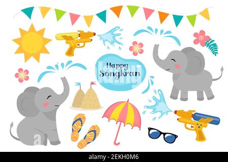 Songkran festival in Thailand objects set. Collection of design elements with elephant, water gun, sand castle, beach attributes. Thai new year water Stock Vector