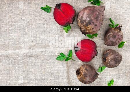 Beets for cooking. Beetroot vegetables on the table. Top view. Stock Photo